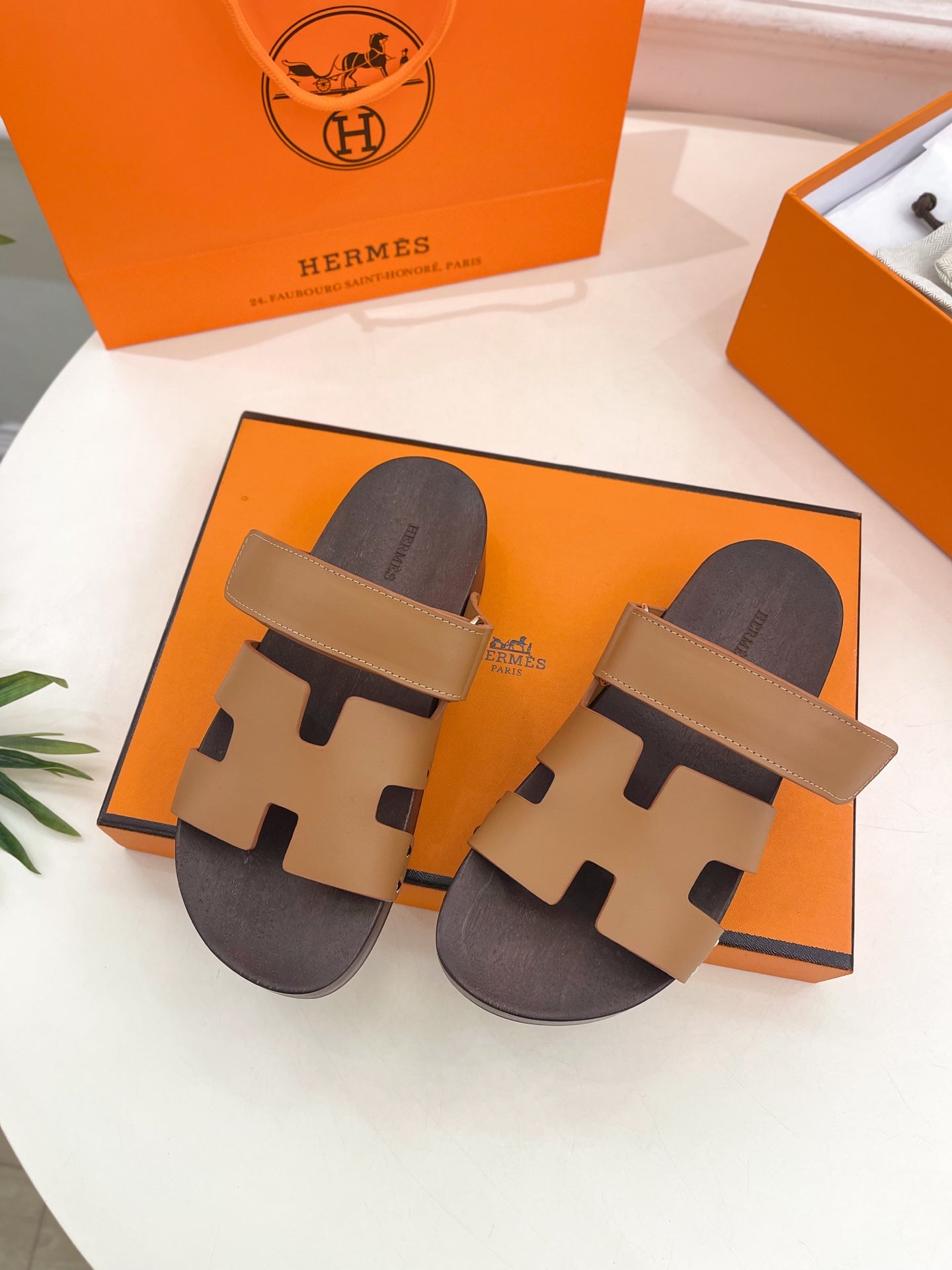 HERMES KOS CLOG IN PEANUT BROWN CALFSKIN