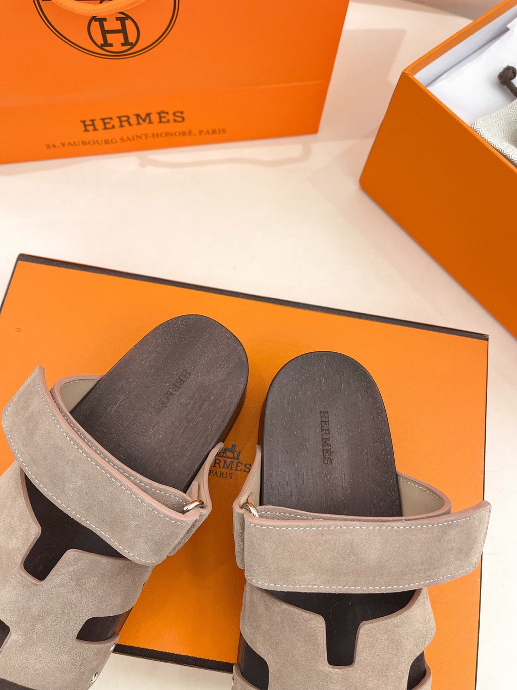 HERMES KOS CLOG IN KHAKI BROWN SUEDE