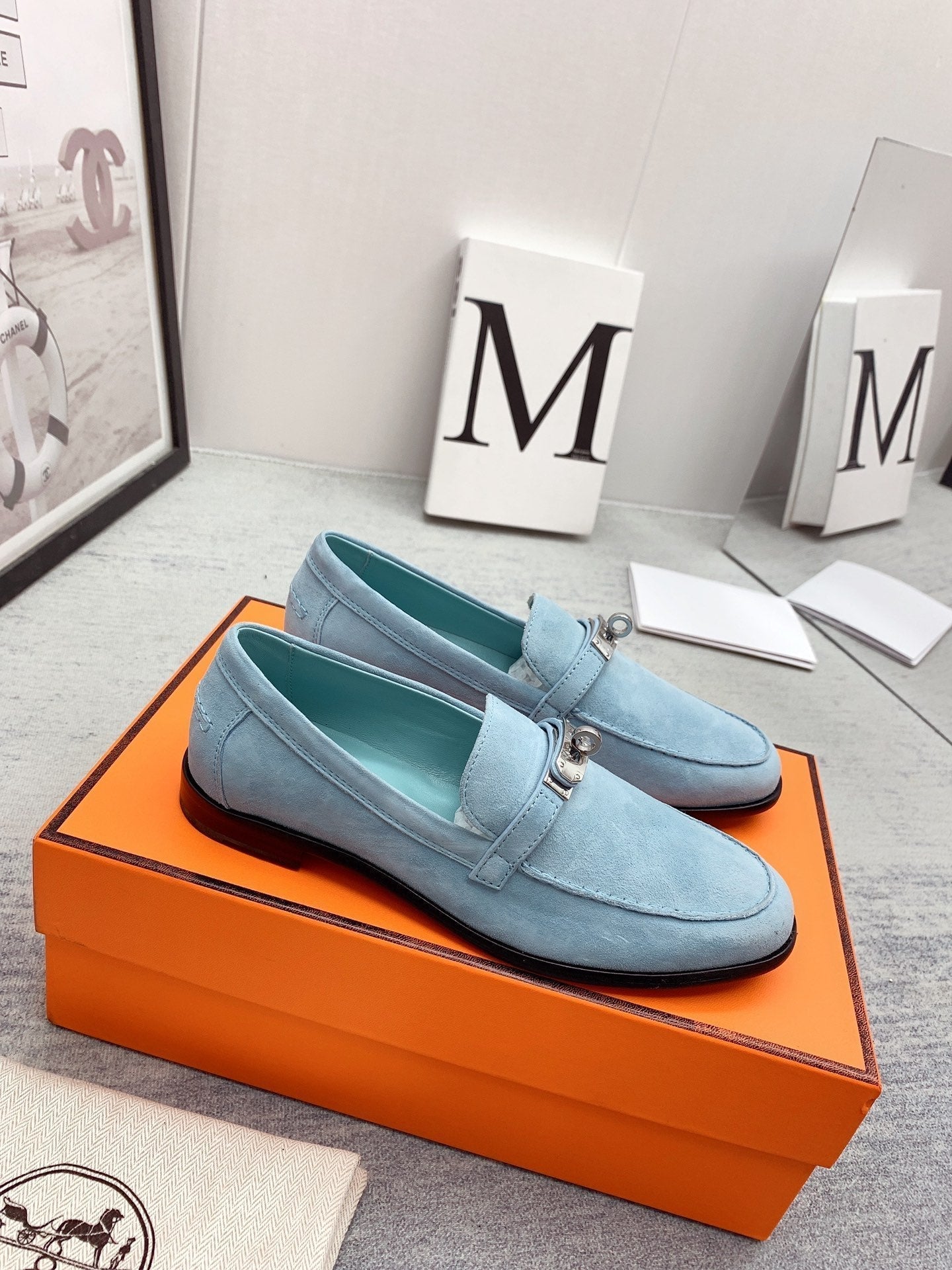 HERMES Destin Loafer Suede Light Blue