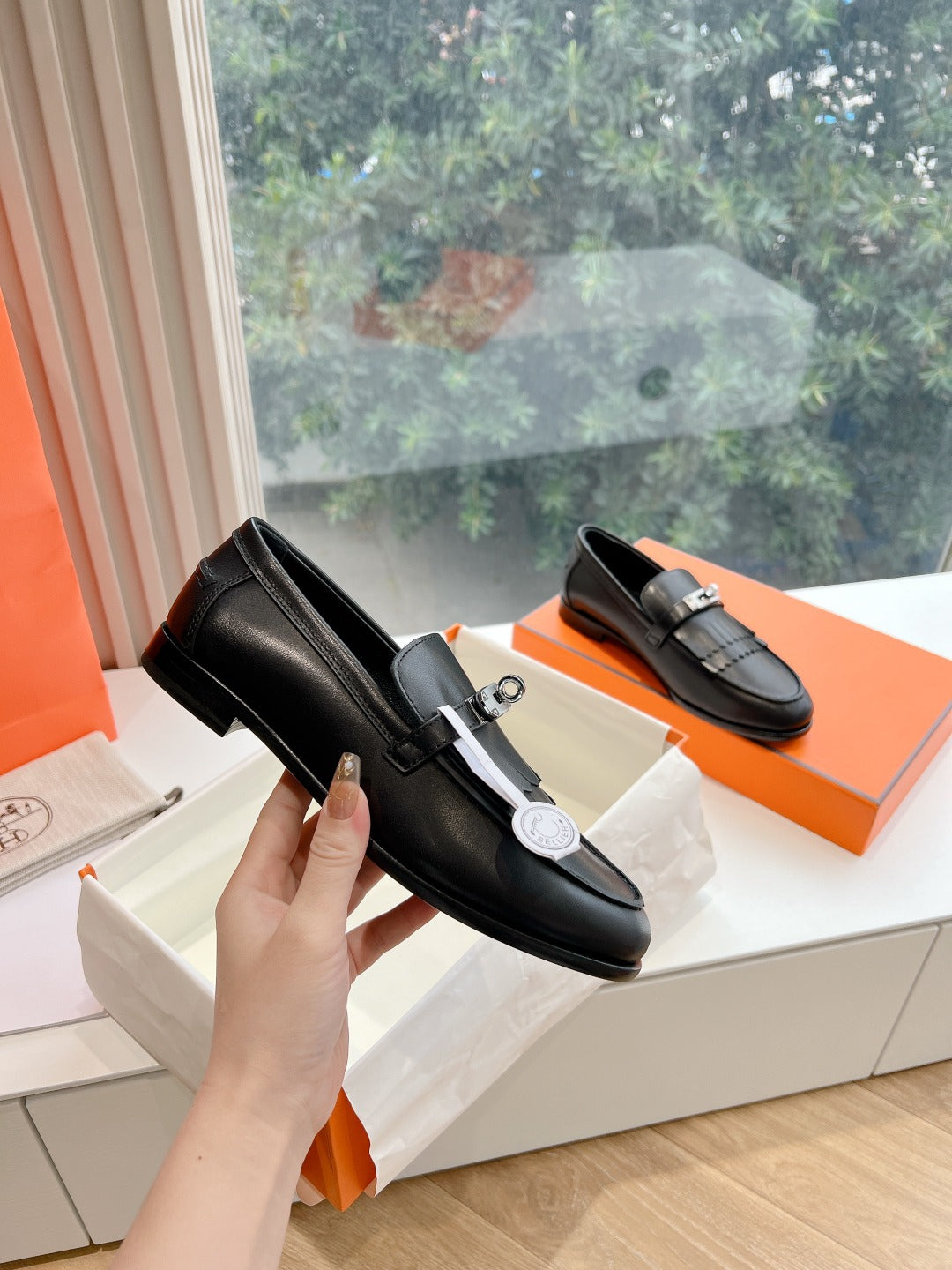 HERMES Destin Loafer Black Goatskin with Fringe Detail
