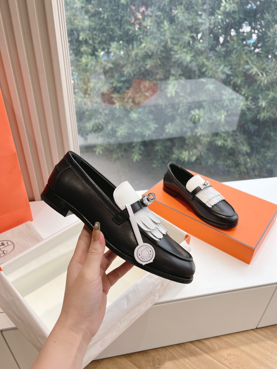HERMES Destin Loafer Black Goatskin with White Fringe Detail