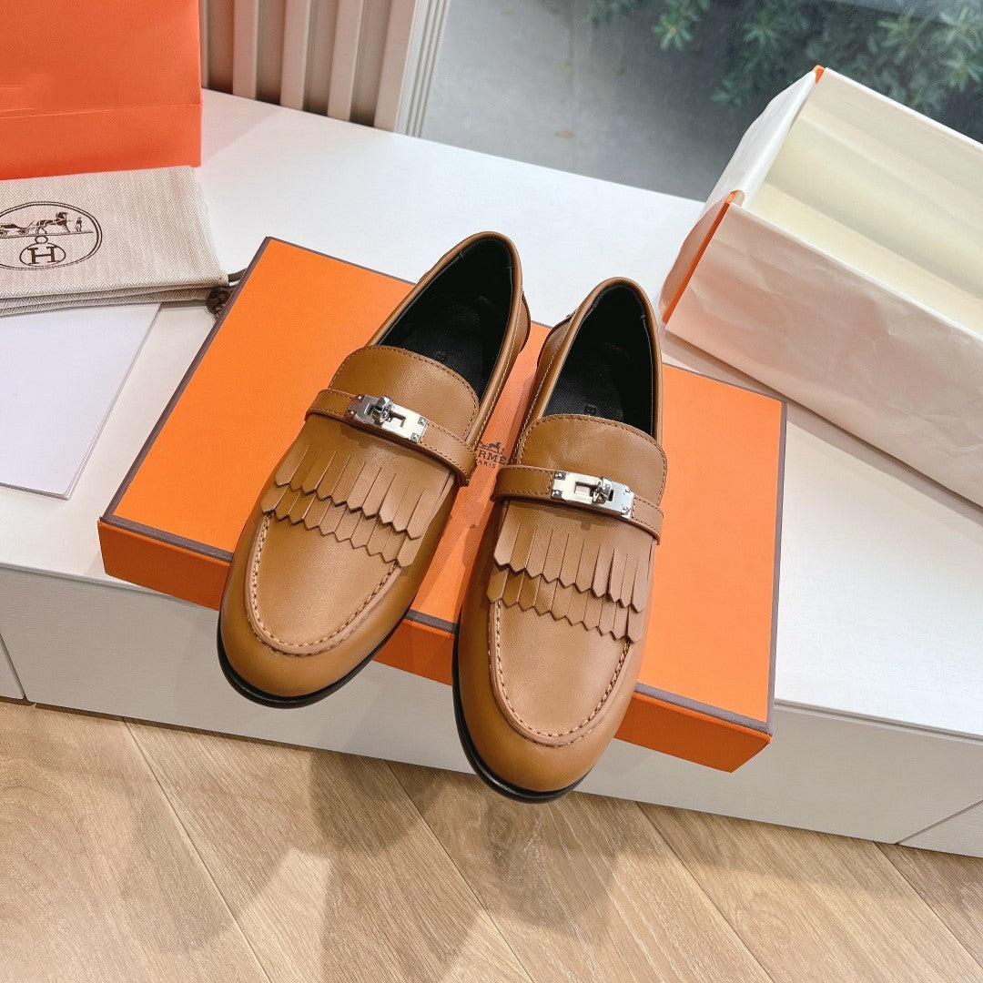 HERMES Destin Loafer Brown Goatskin with Fringe Detail