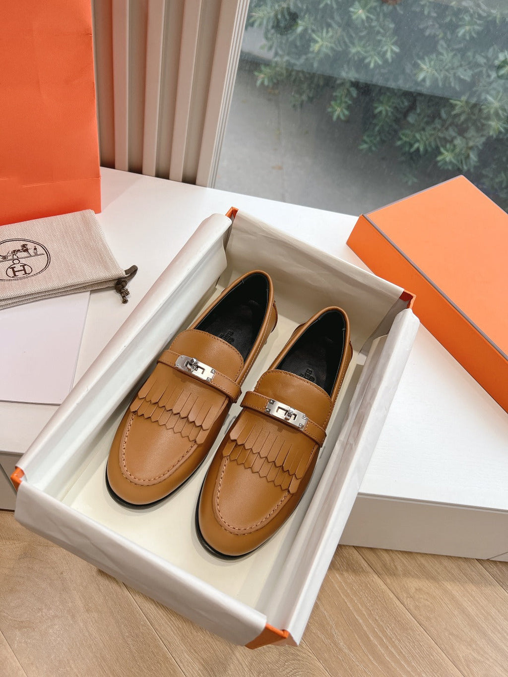 HERMES Destin Loafer Brown Goatskin with Fringe Detail