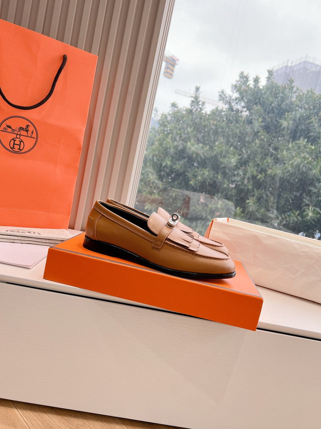 HERMES Destin Loafer Brown Goatskin with Fringe Detail